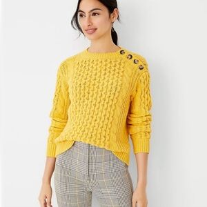 Ann Taylor 2022 Mustard Yellow Women's Cotton Blend Fisherman Cable Knit Sweater